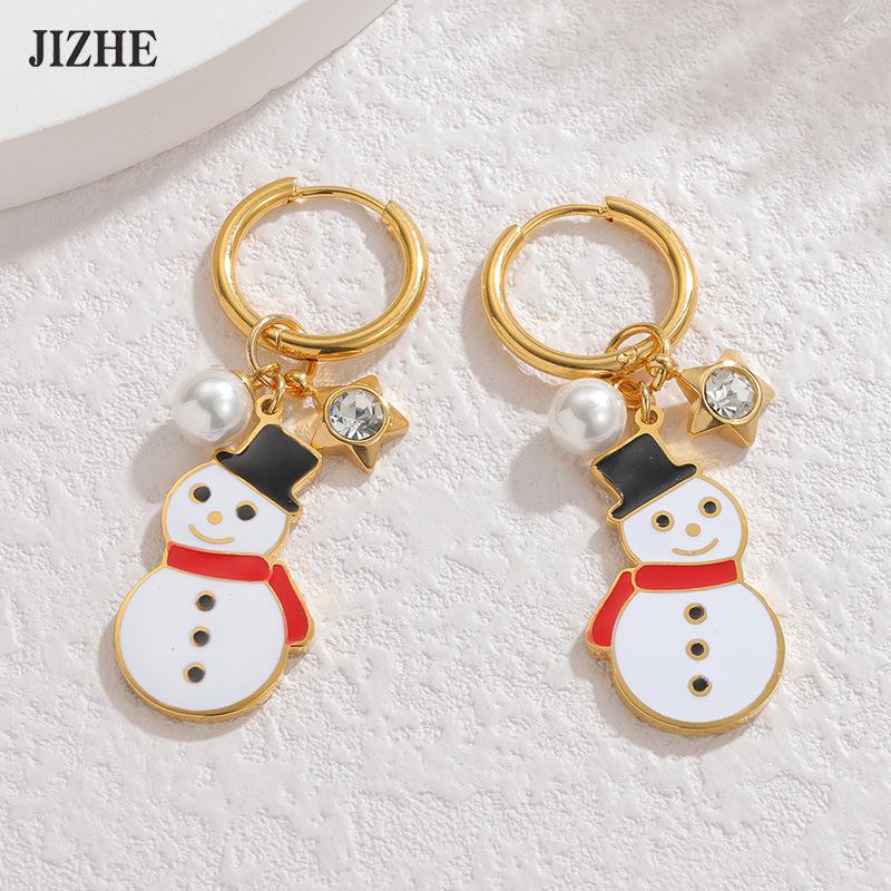 New Christmas Snowman Earrings: Titanium Steel Pearl Star Pendant, Cute Holiday Fashion Style.