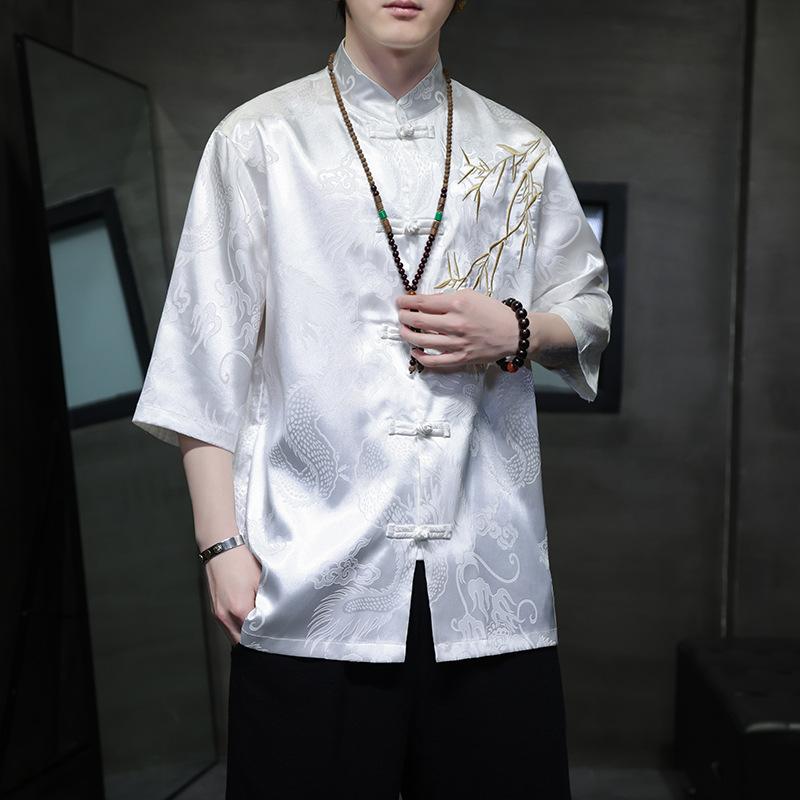 Summer Embroidery Shirt Men Ice Silk High Quality Casual Loose Short Sleeve Tops Retro Kung Fu Traditional Cardigan Mens