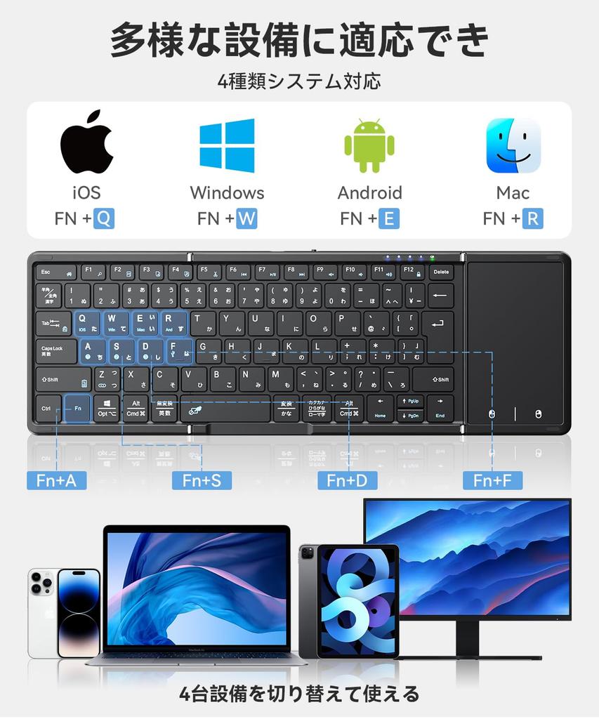 Omikamo Kabellose Faltbare iPad-Tastatur mit Bluetooth, Touchpad, Japanisches Layout, Dual-Use Kabelgebunden & Kabellos, Linke und Rechte Umschalttasten, L-förmiger Ente