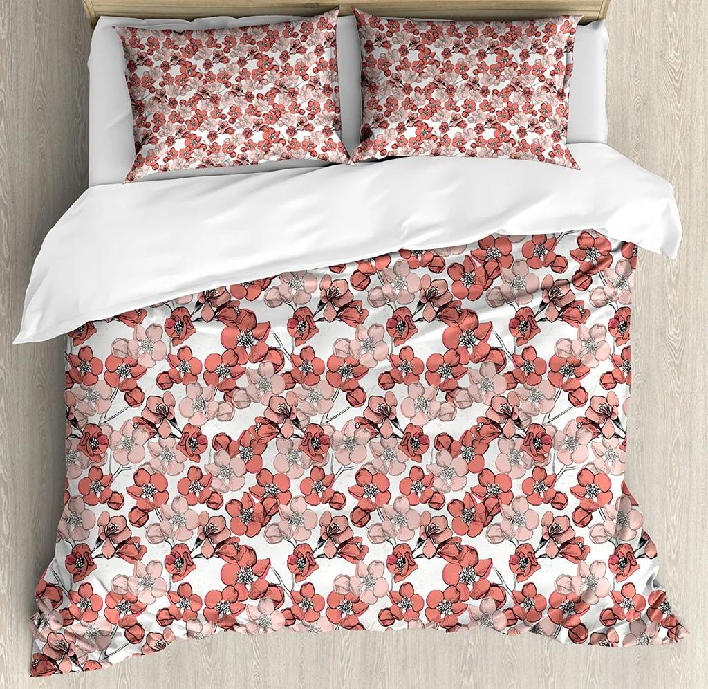 Blumiges Bettwäsche-Set für Schlafzimmer Bett Zuhause Mohnblumen der Frühlingssaison Pastorale Blumen Botanik Bettbezug Steppdeckenbezug und Kissenbezug