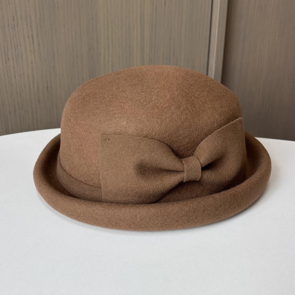 New Autumn And Winter Xiaoxiangfeng Top Hat, Elegant Bow, Curled Edge To Show The Face, Small Felt Hat, Women'S Versatile Thermal Basin Hat