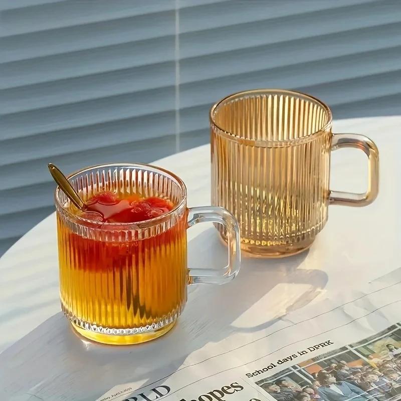 1/2PCS Vertical Grain Glass Coffee Cup 340ML Water Cup With Handle Suitable Iced Coffee Juice Cup Valentine's Day Gifts