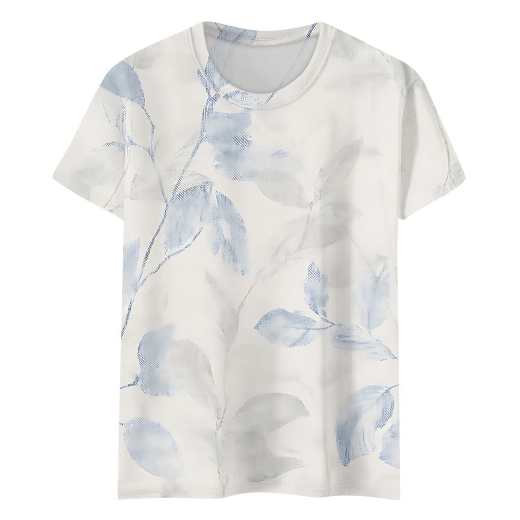 Women's Fashion Casual Short Sleeve Flower Print Round Neck Pullover Top Blouse