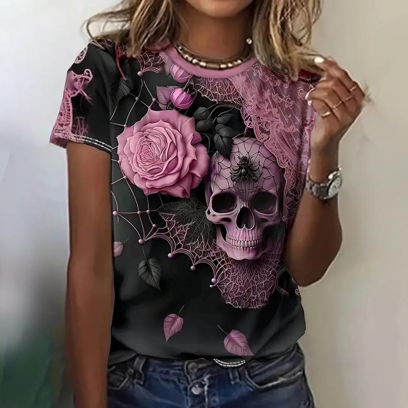 Skeleton Flower Pattern T-Shirt Women 3D Printed Short Sleeves Summer Loose O-Neck Casual Comfortable Fashionable T-shirt