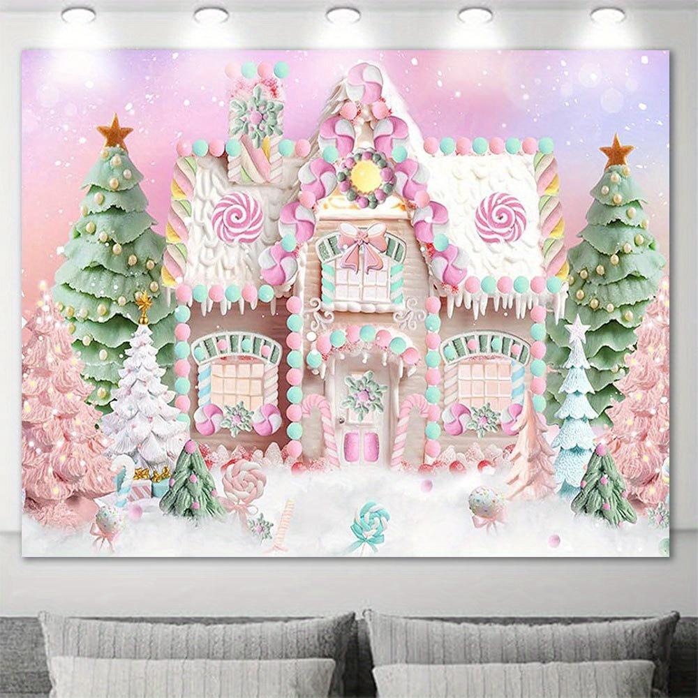 1pc Christmas Candy House Background - Candy House design with soft pink and mint green, a snowy winter wonderland background
