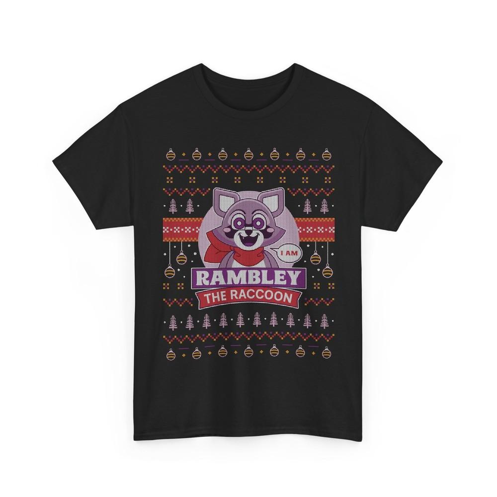 Rambley Raccoon Ugly Sweater Unisex T-Shirt. Indigo Park Video Game. Christmas.