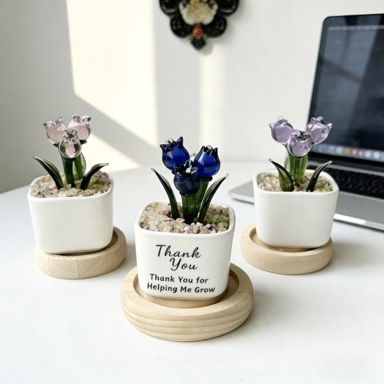 Mini Potted Glass Flower Decoration Miniature Tulip Flower Planter Pot Figurine Statue Home Office Bookshelf Desktop Ornament