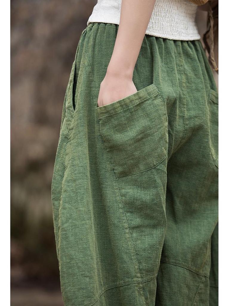 Damen Frühling Baumwolle-Leinen Locker Geschnitten Ramie Laternenhose