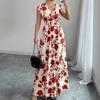 2026 European and American women's clothing explosive summer new short-sleeved lace-up printed v-neck dress