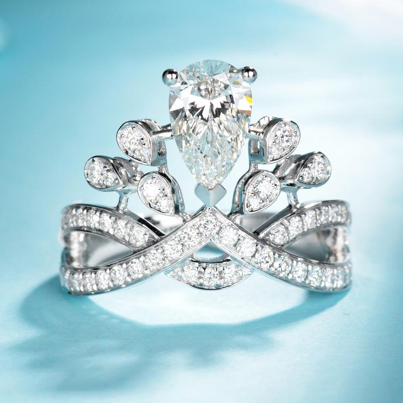 Women Luxury Pear Crown Ring Simulated Diamond Engagement Ring with Colored Gemstones