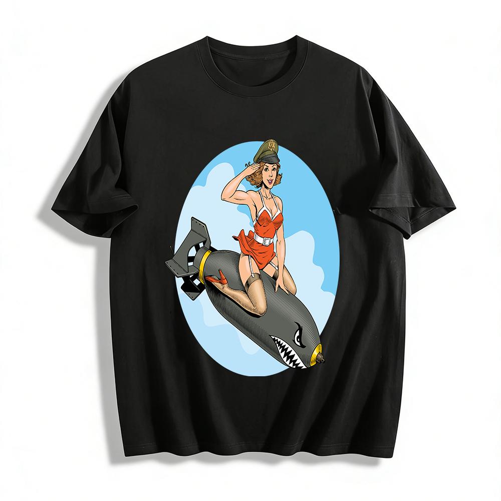 WWII Pin-up Girl Riding Bomb Vintage Graphic Casual Tee Pure cotton T-shirt