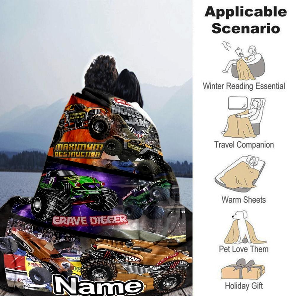 Customiz Name Personality Monster Jam Blanket Soft &Warm Sofa Office Bed Travel Lunch Break Blanket, Gift Suitable All Seasons