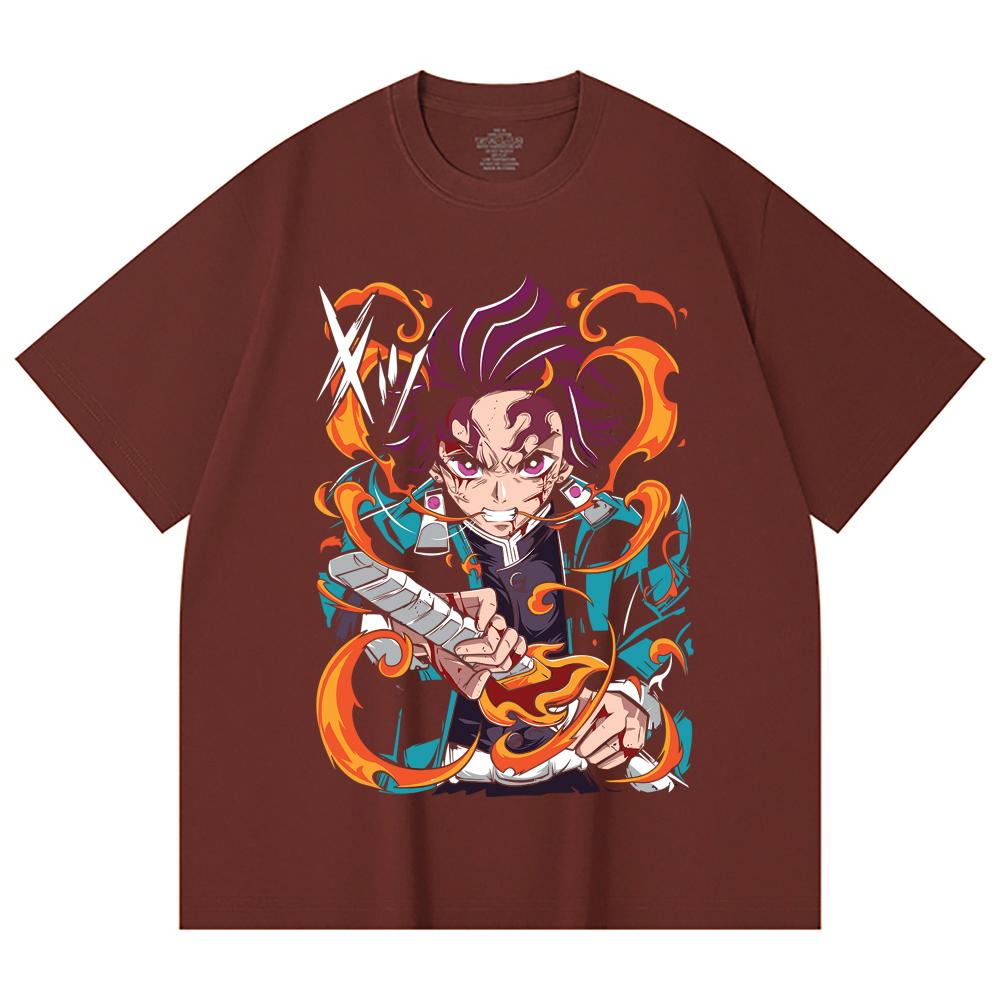 230 Gsm 100% Cotton Demon Slayer V64 Tanjiro Fire Breathing Print Unisex Heavy Cotton T Shirt
