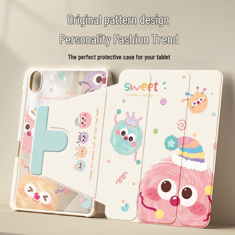 QBOSS Huawei MatePad Rotating Case with Pen Slot - Colorful Sootball Design