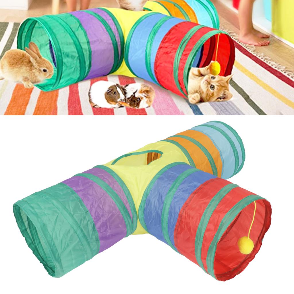 3 Way Cat Tunnel Collapsible Cat Tube Toy with Hanging Plush Ball for Rabbits Kittens and Dogs