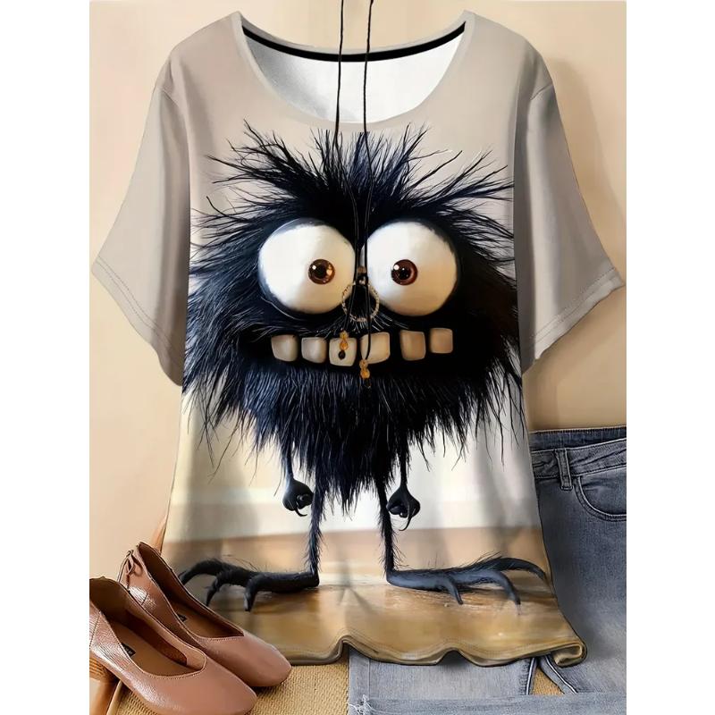 Fashion Women's Crew Neck T-Shirt 3D Color Printing Simple Crew Neck Short Sleeve Loose
