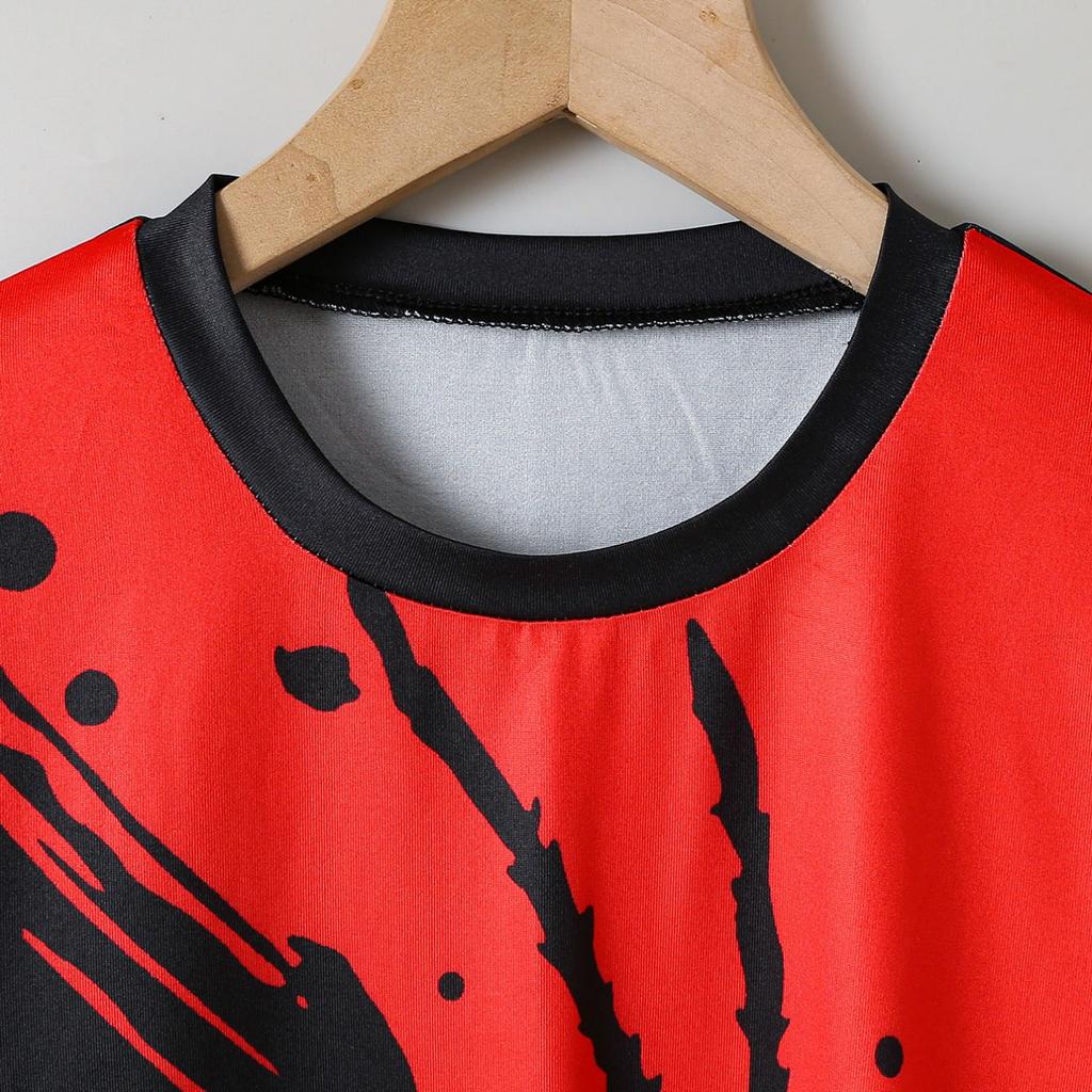 2 Pieces Boy Teens Summer Dynamic Fashion Black Red Spider Print Light Crewneck Pocket Shorts Casual Set