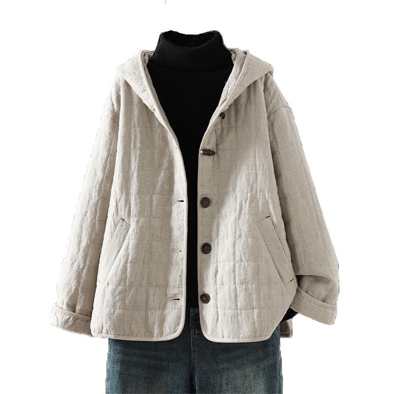2025 Winter Quilted Retro Horn Button Cotton Linen Jacket