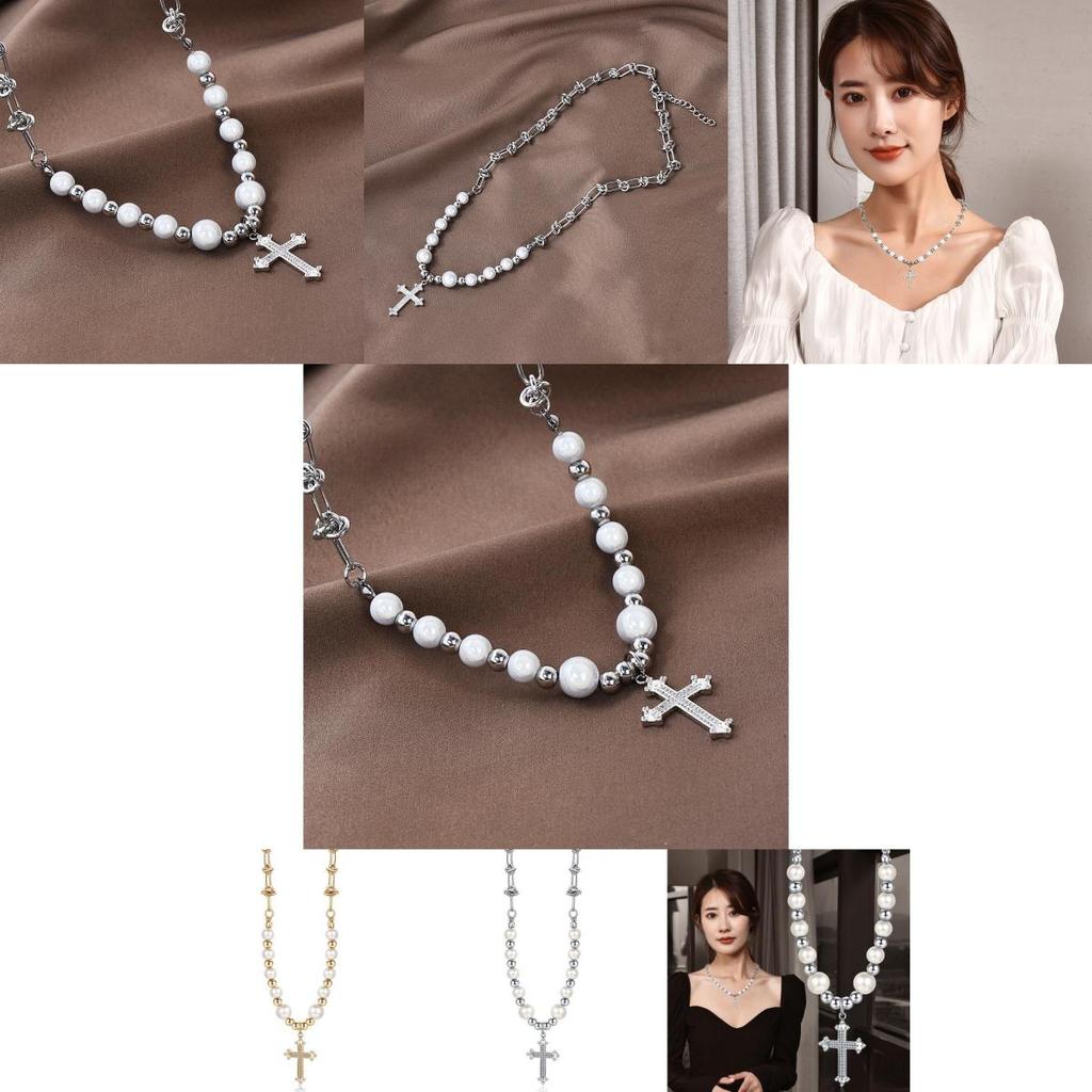 Luxurious Titanium Steel Cross Necklace For Men And Women With Handmade Design And Elegant Pearl Accents