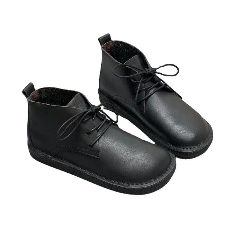 Χειροποίητες Δερμάτινες Μπότες Στρογγυλή Μύτη Φλατ Δέρμα Αγελάδας Γυναικεία Παπούτσια