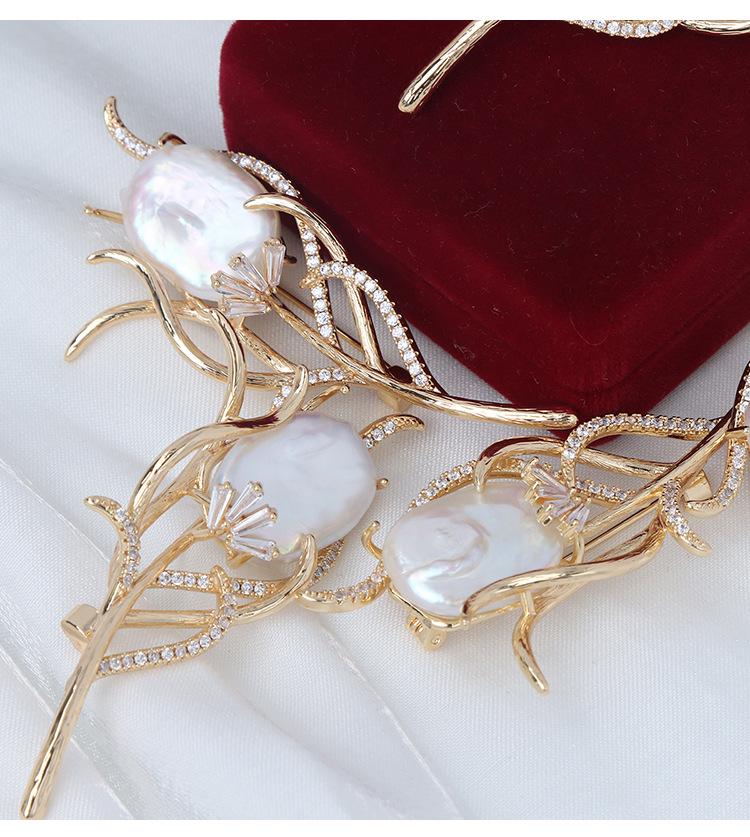 Vintage Floral Baroque Freshwater Pearl Brooch with Gold-Plated Copper and Zircon Accents