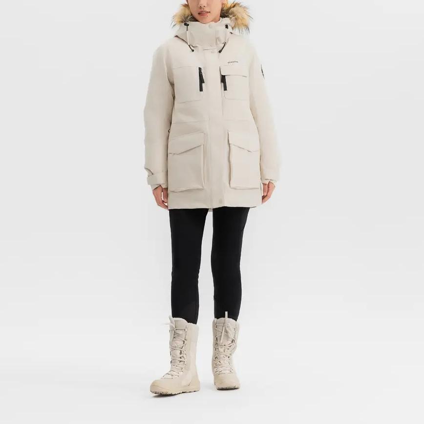 DECATHLON SH900 QUECHUA Minimalist Letter Warm Waterproof Hooded Down Jacket Women's Cream Beige
