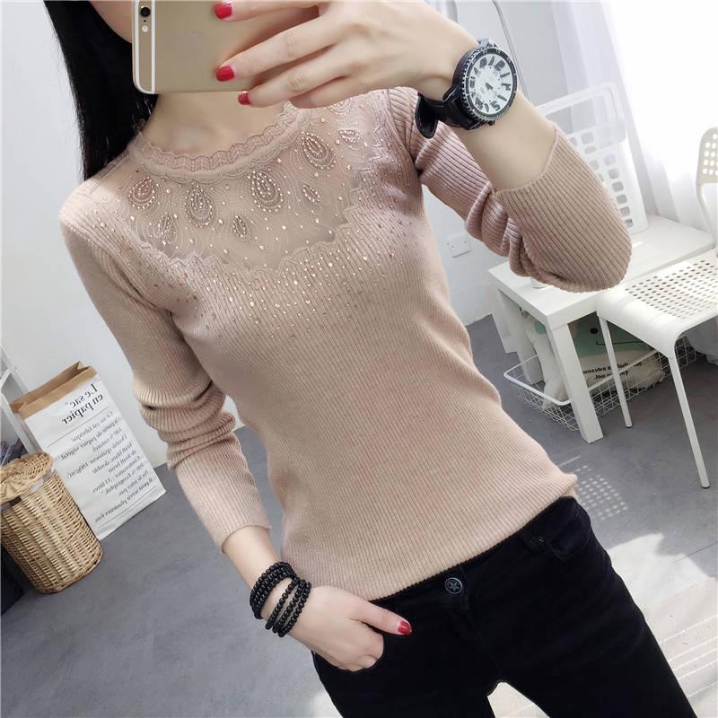 Pofulove Sexy Lace Openwork Bottom Shirt Long Sleeve Slim Round Neck Sweater Lady Sweater Pullover