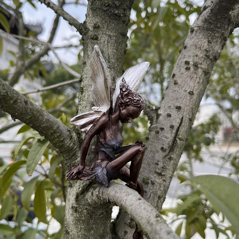 1pc Mystical Black Elf Resin Craft Figurine with Glowing Silver Wings and Curly Hair Fantasy Themed