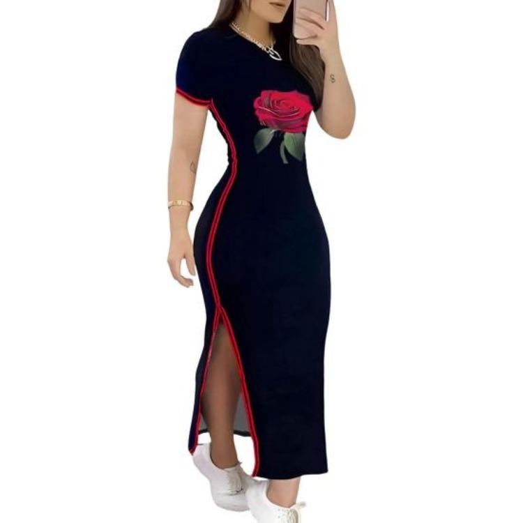 Round Neck Striped Side Print Slit Women Dress Slim Fit Ankle Length Short Sleeves S