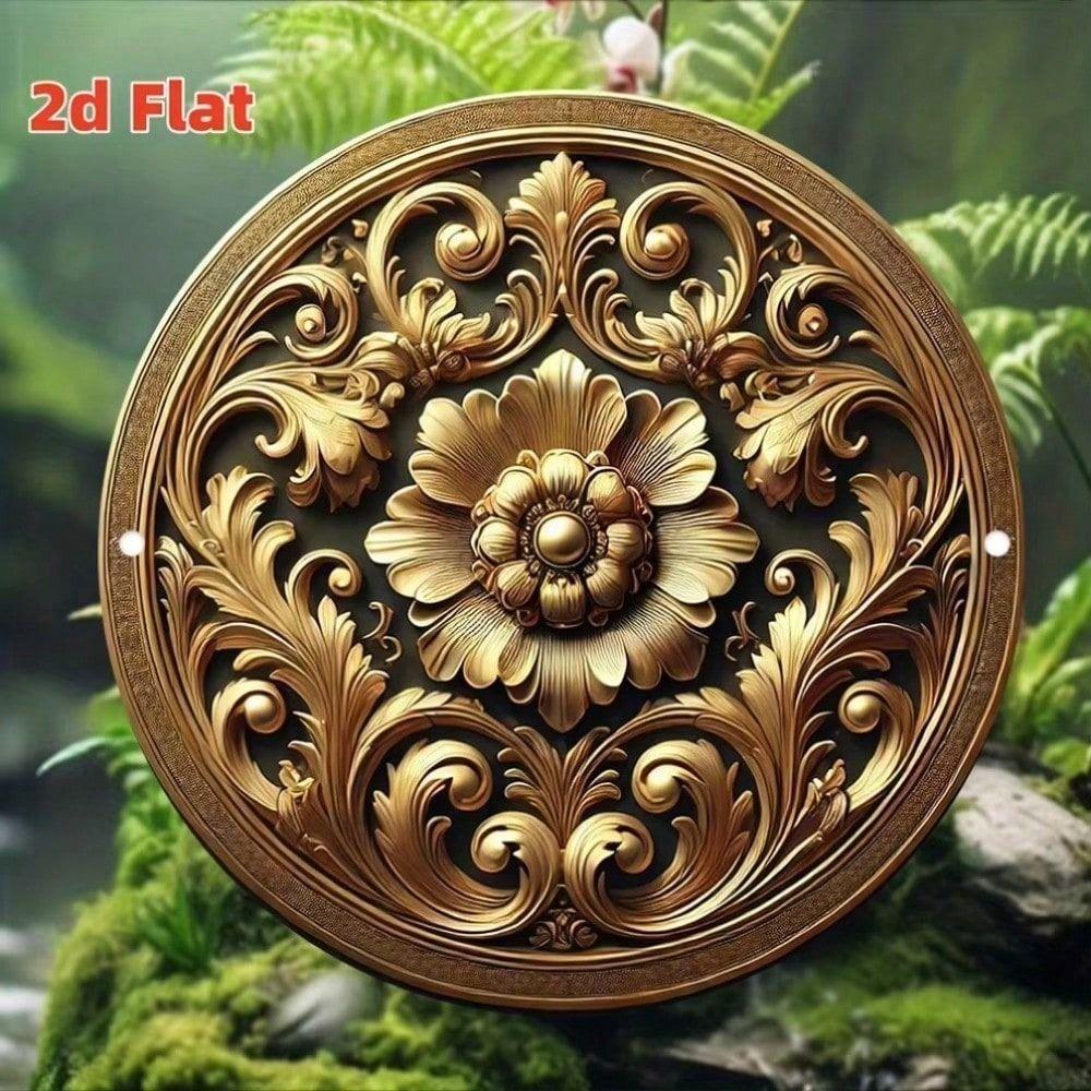 Metal Poster Round Retro Floral Embossed Wall Art, Gold 3D Sticker for Home Decor