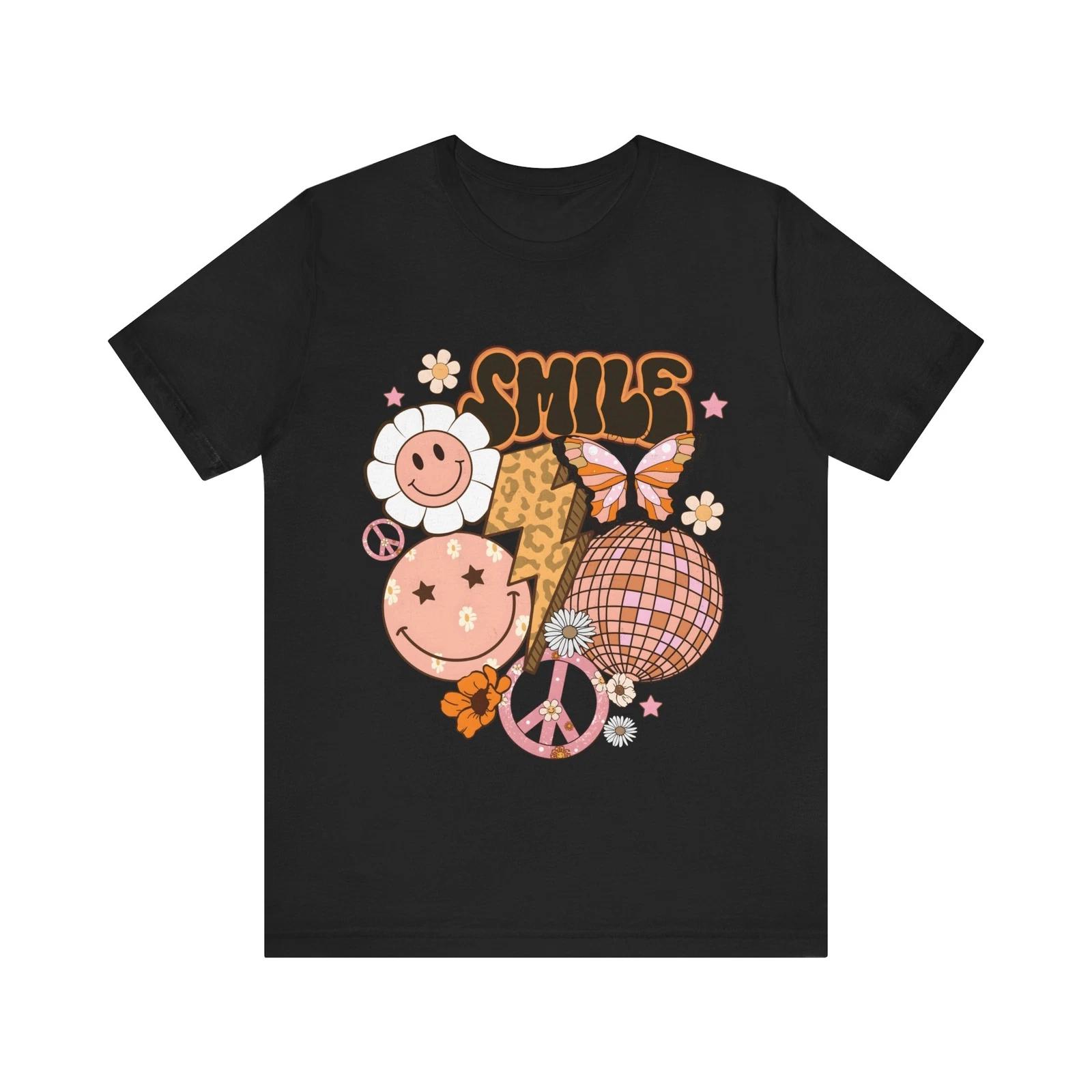 Retro Smile Face Boho Tee Flowers Peace Sign Butterfly Leopard Print T-Shirt M