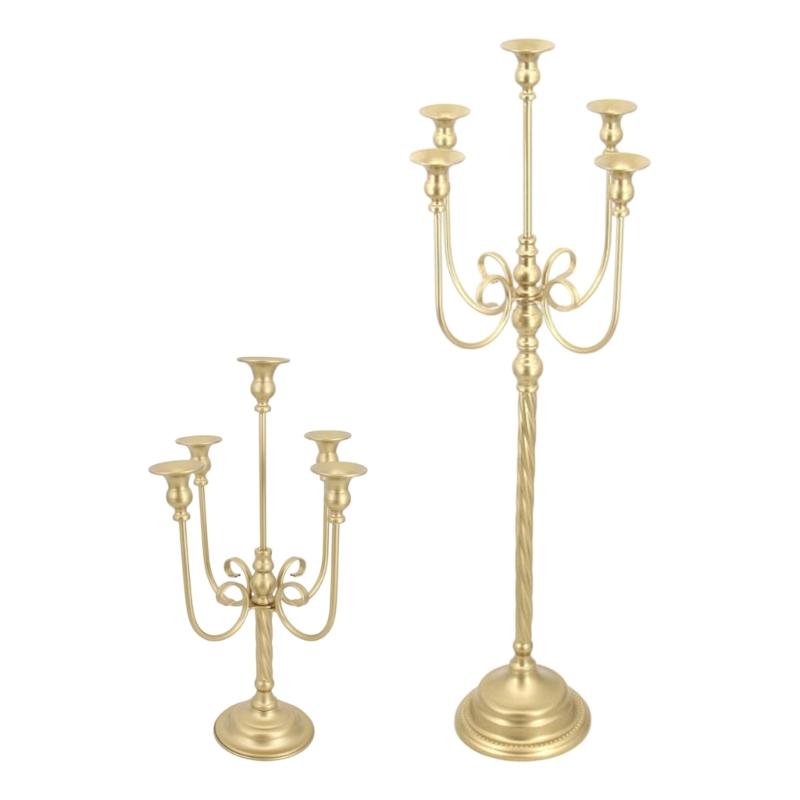 Iron Candelabra Tapers Candle Holders Candlestick Centerpieces with Five Candle Positions, a Golden Finish, and Formal Dinner or Ceremony Table