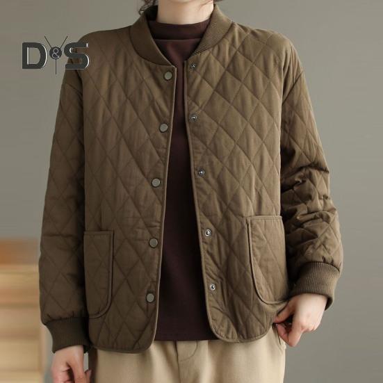 Damenjacke Stehkragen Langarm Rautenstruktur Einreihig Elastische Bündchen Einfarbig Taschen Sport Lady Coat