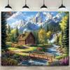 2D rustikale Blockhütte Fluss Wandteppich Bunte Naturlandschaft