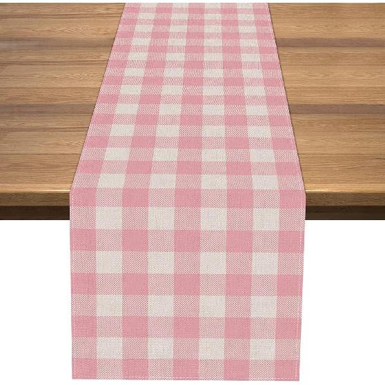 Nepnuser Linen Easter Pink and White Buffalo Check Plaid Table Runner Gingham Pink Farm Birthday Party Decorations Home Kichen Dining Room Decor 72