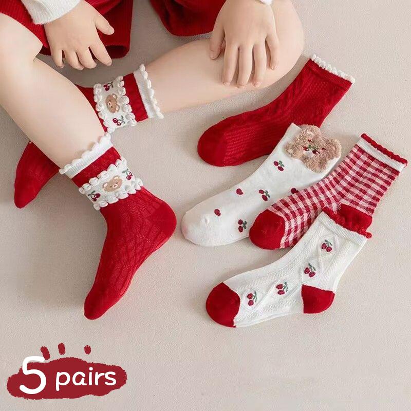 5 Pairs Cute Cherry Bear Winter Socks for Girl Red New Year Socks Flower Ruffle Plaid Kids Warm Middle Tube Socks Cotton Sokken