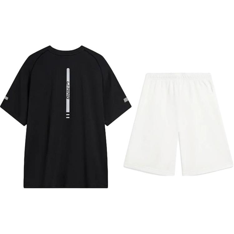 Li-Ning Fashionable Letter Print Round Neck Pullover Short Sleeve High Waist Tied Shorts Casual Sports Suit Unisex suit YTSU163-3+AKST593-7