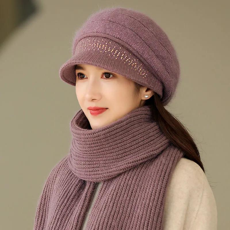 WTEMPO Cold-proof Windproof Warm Solid Color Ear Protection Elastic Hats Women's Autumn Winter Casual Verstaile Retro Elegant Hat + Scarf Set