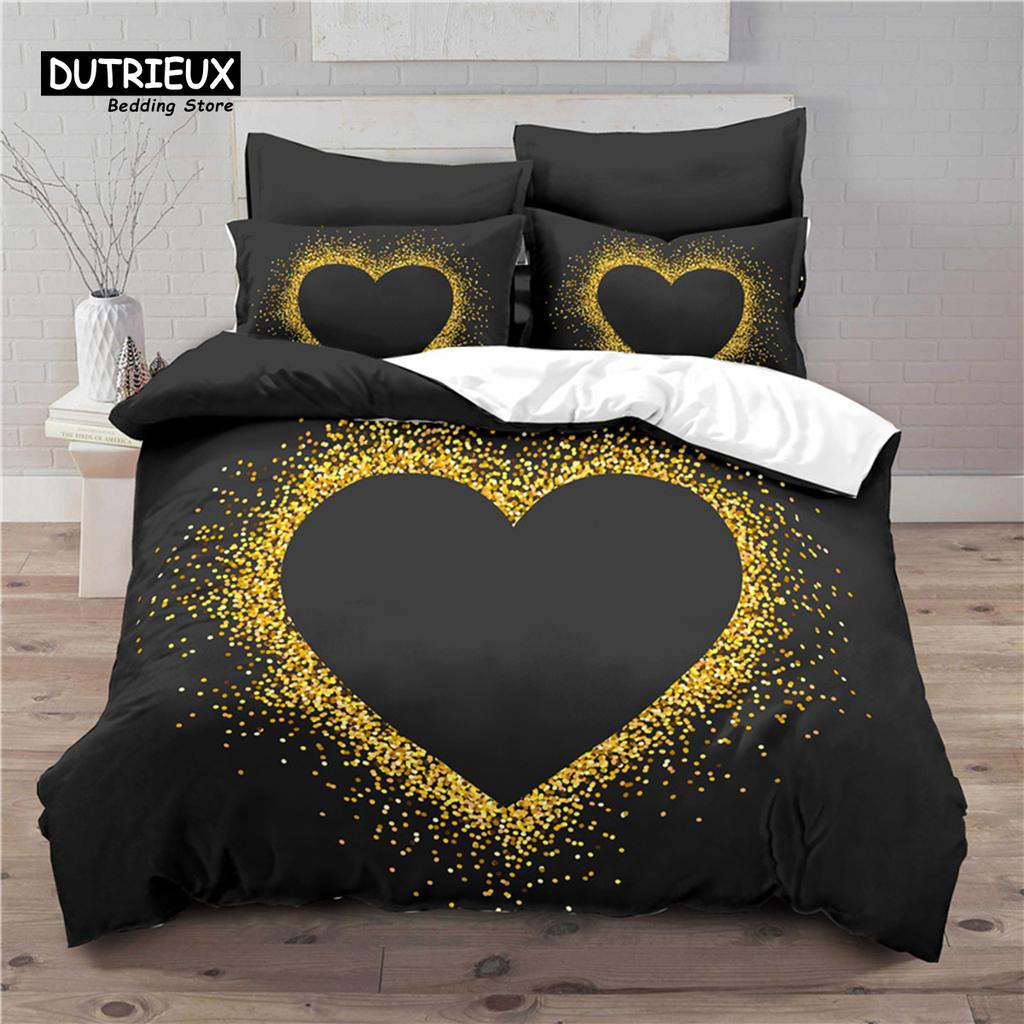 Luxury 3D Golden Heart Print Home Living Comfortable Duvet Cover Pillowcase Kid Bedding Set Queen and King EU/US/AU/UK Size
