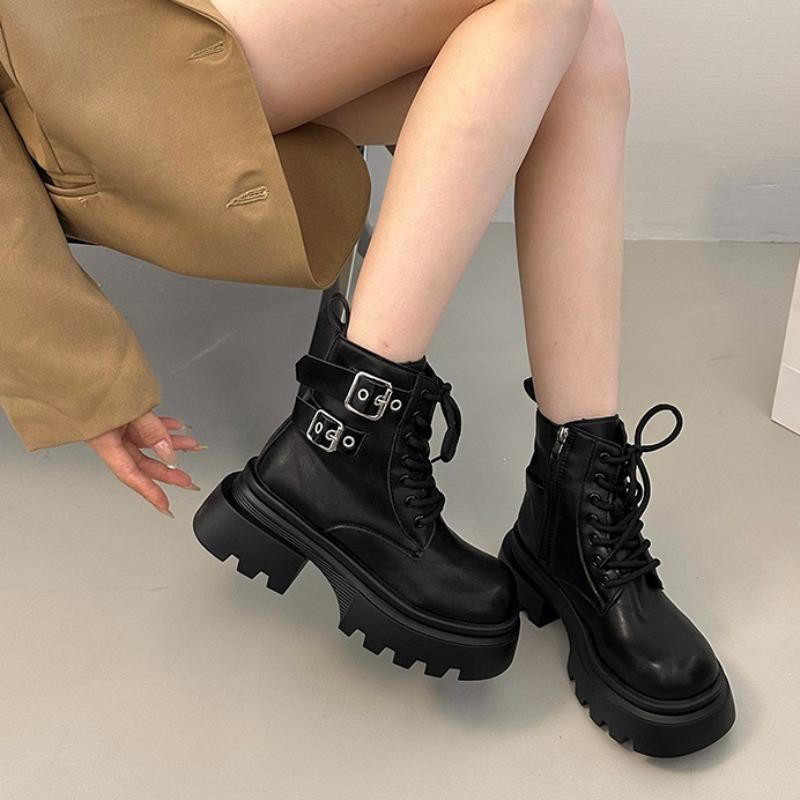 Platform Booties New Soft Sole Fall Winter Round Toe Side Zipper Metal Buckle Anti-slip Wear-resistant Block Heel Boots