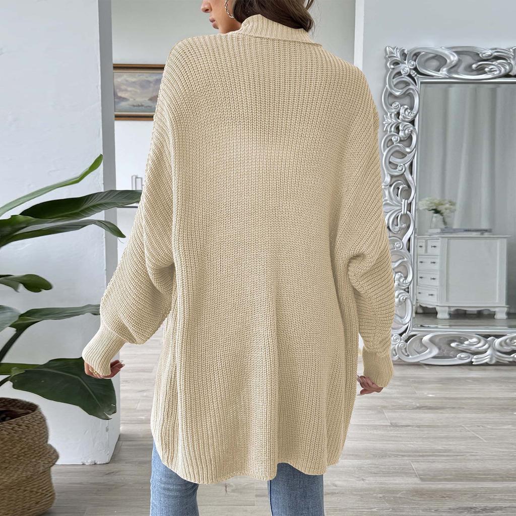 Women's Long Sleeved Solid Color Medium Length Knitted Cardigan Jacket Sweater Knitted Sweater