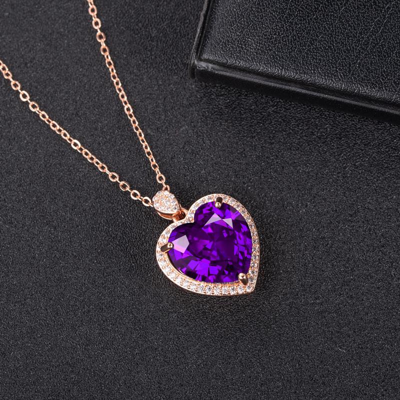Purple Crystal Amethyst Gemstones Diamonds Heart Pendant Necklaces for Women Rose Gold Filled Jewelry Gifts New