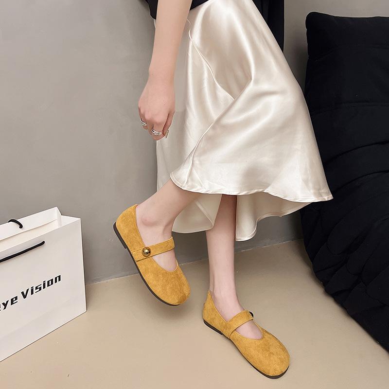 Franska retro lågskurna damskor 2025 vår mild älvvind mjuk sula gul platt Mary Jane damskor