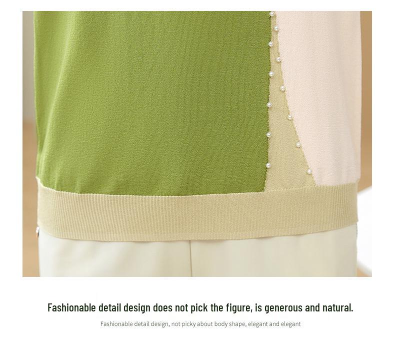 Ice Silk V-neck Summer T-shirt for Mothers and Elderly Women - Loose, Short-sleeved Knit Top