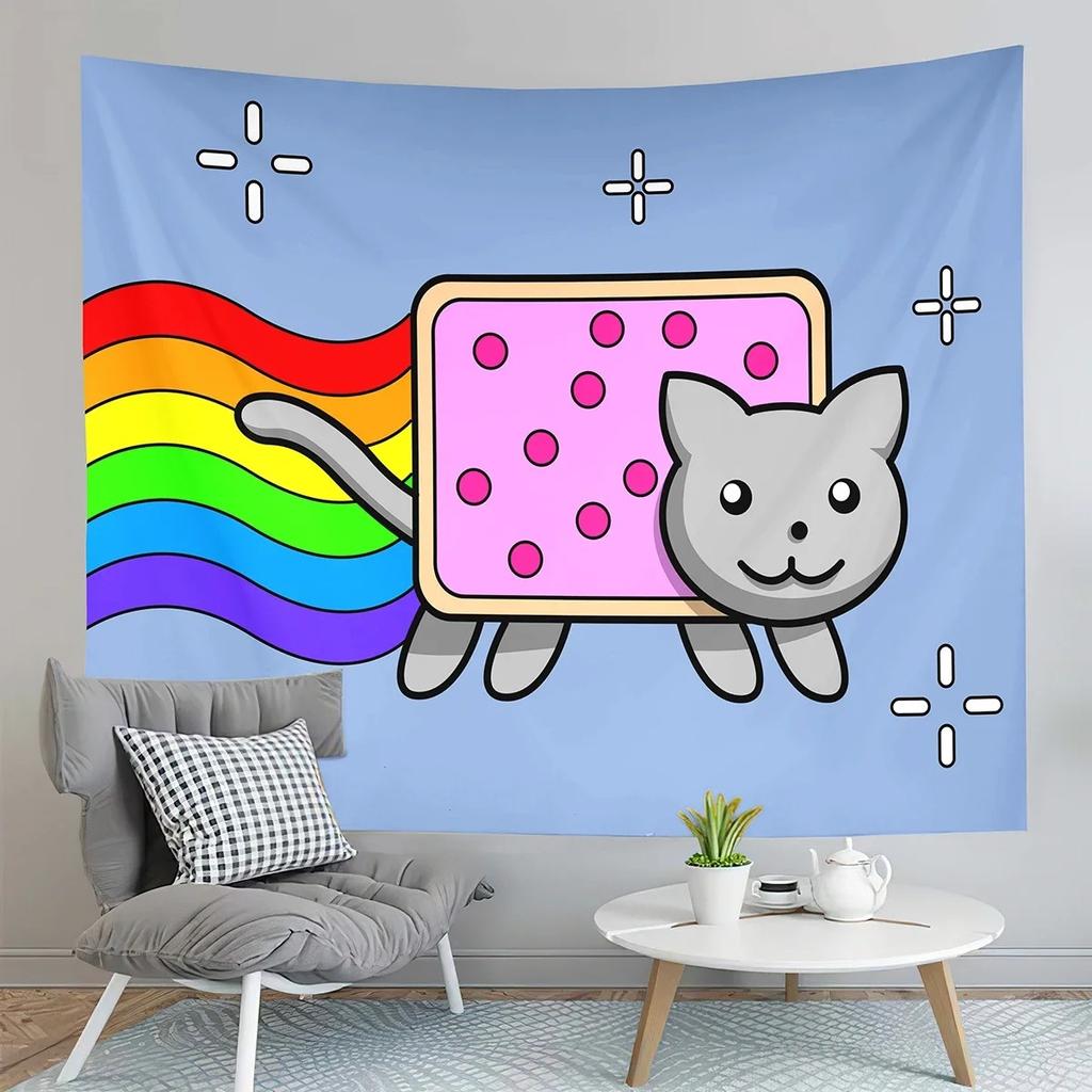 Wandteppich mit Cartoon-Motiv, süße Katze, für Zuhause, Wanddekoration, Wandteppich für Büro, Wohnzimmer