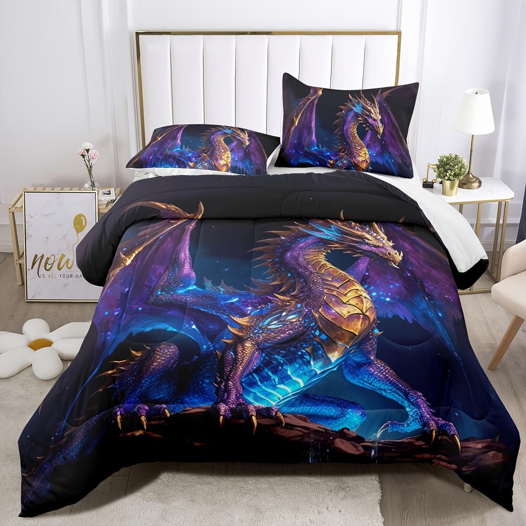 3pcs, Soft And Comfortable Dragon Comforter Set, Ancient Wild Animal Dragon Pattern Bedding Set, Dragon Bedding Set, 3D  Cartoon