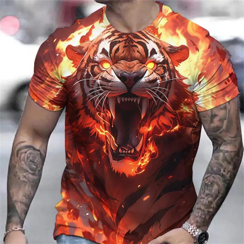 Tiger Fun Animal 3D Print Moon Tower Sports Breathable Men T-shirt Outdoor Street Loose Casual Fitness Short Sleeve