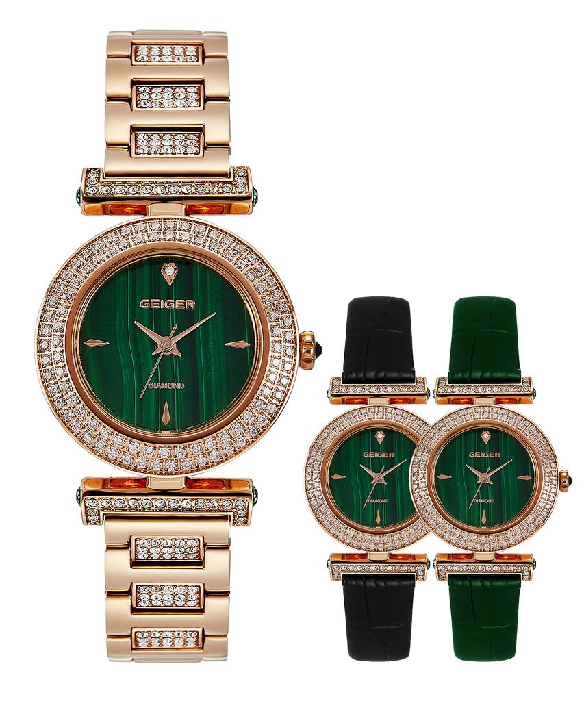 Gaigeo Ge1244Rg_Malachite Women'S Diamond Metal Watch (+2 Types Of Leather Bands)