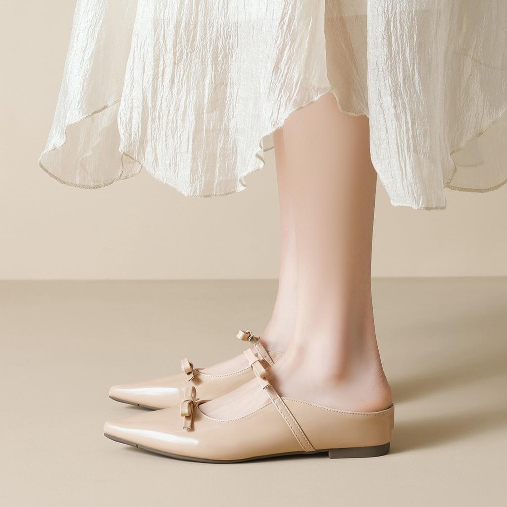 Pointed Single Shoes Women's Inner Height Increase Bow Nude Bag Head Half Slippers Women's Summer Outer Wear