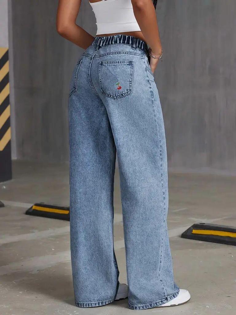 Plus Size Women's Stretch Denim Embroidered Straight Leg Jeans - Simple and Elegant